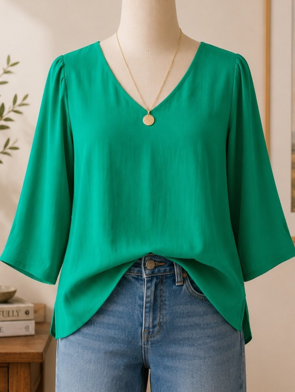 JODIFL Green 3/4 Sleeve Relaxed Blouse